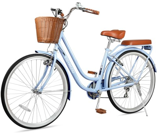 kaiwrxin 26 Inch Women's Cruiser Bike, 7-Speed Adult Bicycle Duable Bar Featuring Convenient Basket & Rack, Perfect City Bike for Commuting, Leisure, and Stylish Comfortable Rides (Blue)