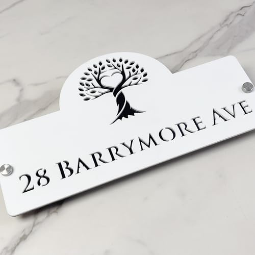 Personalized Acrylic House Sign – Custom Address Plaque with Tree Design, Modern Laser Cut Door Number Plate for Home, Weatherproof Outdoor Nameplate (Matte white & black mirror)
