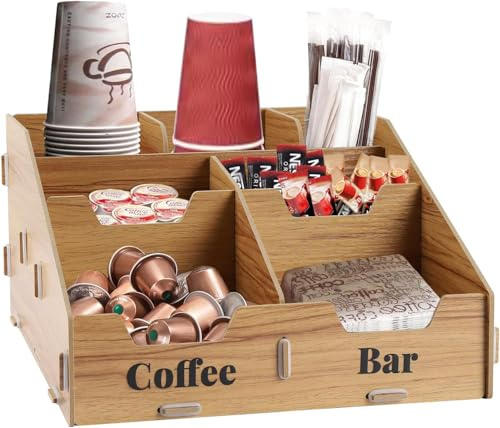 ZoeQide Organizer per caffè in legno con 7 scomparti e divisori rimovibili, stazione caffè e organizzatore per spezie per cucina e ufficio, porta capsule e portabicchieri in legno, accessori per bar