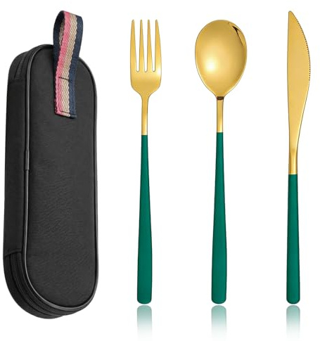 Qwrqwr 3-Piece Green & Gold Cutlery Set with Storage Pouch Reusable Stainless Steel Portable Tableware Mirror Polished Fork Spoon Knife Set for Travel Camping and Daily Use