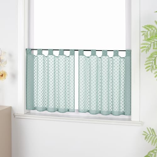 Joyswahl Bistrogardine 2er Set Scheibengardinen Landhausstil Küchengardinen mit Kleeblattmuster Kurzstores Wohnzimmer Kurze Gardinen mit Schlaufen HxB 120x125 cm x2 Grün
