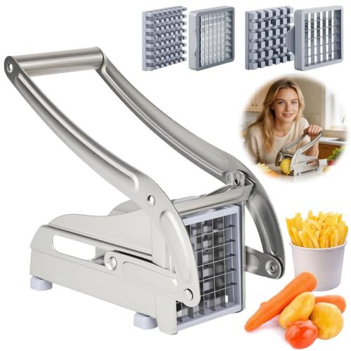 CEWROM Pommesskärare rostfritt stål, potatisskärare skivor med 2 bladstorlekar, potatisskärare för hemlagade pommes, pommesskärare rostfritt stål med halkfri sugteknik