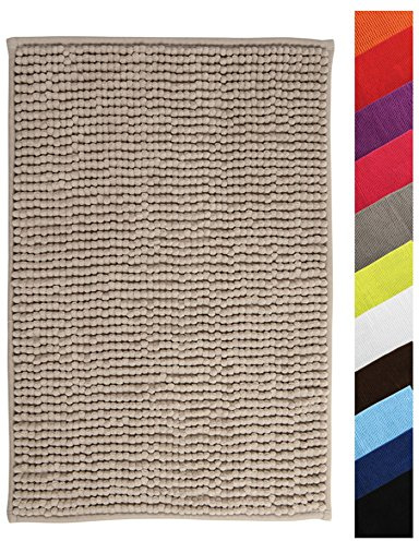 MSV – Chenille-Mikrofaser-Badematte – Langflorig, rutschfest – Maschinenwaschbar – Praktische Aufhängeschlaufe – Optimaler Komfort und Hygiene – Taupe – Einzelmatte – 60 x 90 cm