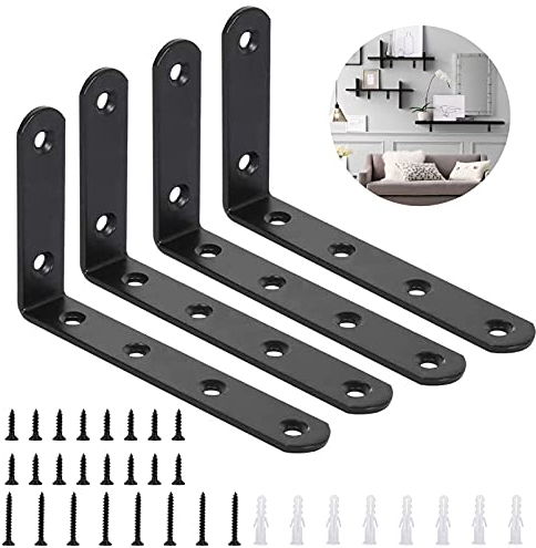 4 Pezzi Staffe per Mensole,Triangolare Staffe per Mensole a Parete,125 x 75 mm Staffa Angolare Nero Staffa L con 24 Viti e 8 Ancore,Supporti per Mensole Pesanti di Legno Tavolo a Muro Sedia
