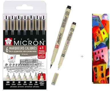 Sakura Pigma Micron-Set 7 Fineliners .005,01,02,03,05,08, Brush