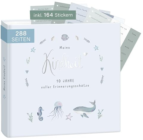mintkind® Meine Kindheit Erinnerungsalbum Wal Design + Sticker Set I deine ersten 10 Jahre I Fotoalbum Kinder Geschenke zur Geburt Babybuch zum Eintragen Tagebuch Kinder Album Erinnerungsbuch Kind