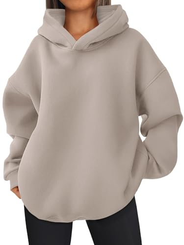 EFAN Överdimensionerade huvtröjor i fleece med huva ledig långärmad pullover lös lätt höstkläder, Grå, S