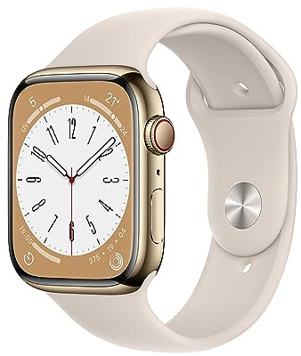Apple Watch Series 8 GPS + Cellular, Boîtier en Acier Inoxydable Or de 45 mm, Bracelet Sport lumière stellaire - Regular