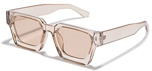 WDZAYXC Vintage Rechteckige Sonnenbrille für Damen Herren Chunky Rectangle Sunglasses Retro Brille UV400 Schutz(Champagne)