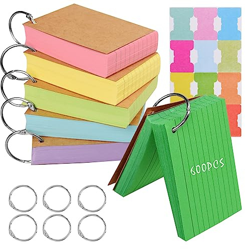 Vakki 6 Pack 600 Pcs Revision Cards, Flashcards for Revision Index Cards Ruled Multicolor Kraft Paper Notecards Cue with 6 Metal Binder Rings for Office School Home Study Record
