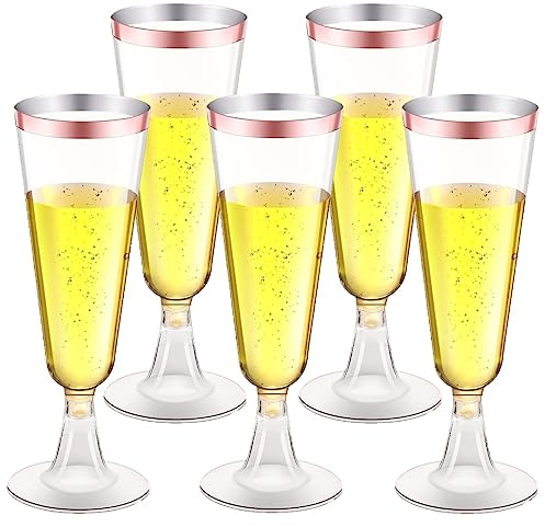 LATERN 50 Stück Champagnergläser mit Roségold Rand, 150ml Champagnergläser aus Kunststoff Wiederverwendbare Party Weinbecher mit Stiel für Garten Hochzeit Jubiläum Dusche Partys (5,5 x 16,5cm)