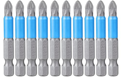 Saipor 10-Piece PoziDriv PZ2 Magnetic Screwdriver Bit Set 50mm/2 Long | Anti-Slip POZI No.2 Impact Screw Driver Bits Set, 1/4 Inch Hex Shank, for Power Screwdriver Impact Drill
