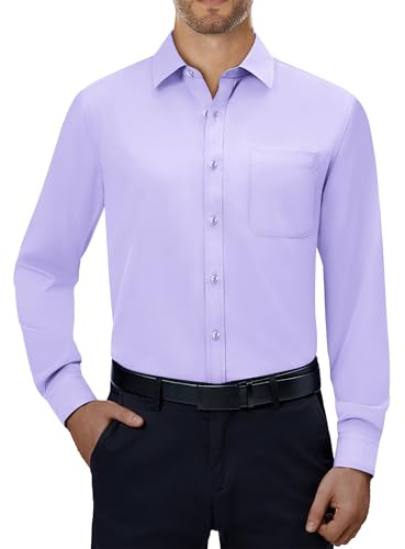 Alimens & Gentle Camicie da Uomo a Maniche Lunghe Elasticizzate a 4 Vie, con Bottoni, Camicie da Uomo con Colletto Casual Formale a Tinta Unita, Viola Chiaro., L