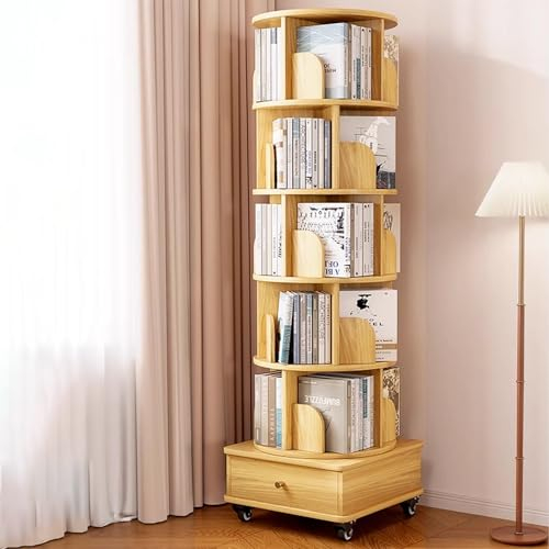 Drehregal Bücher, 360°-Display-Bücherregal mit Schublade, Bücherregale mit Rollen, Kleines Bücherregal for Kleine Räume, Hohes Drehbares Bücherregal for Heimbüro, Arbeitszimmer (Color : Wood Color,