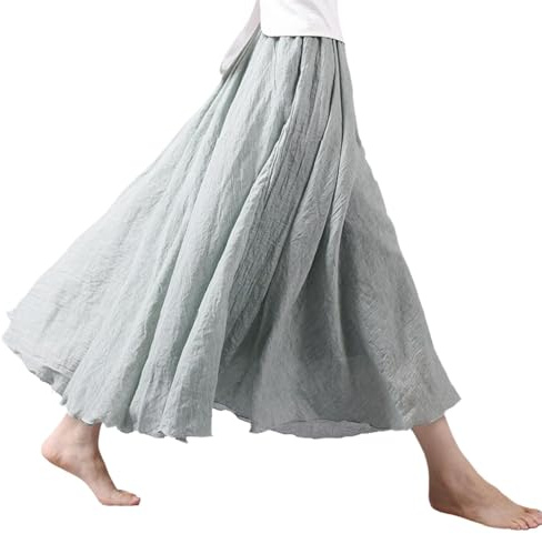 Beautyhis Falda bohemia de lino de algodón para mujer, falda larga de lino de verano para mujer, vestido acampanado con cintura elástica, faldas largas fluidas, verde claro, 40