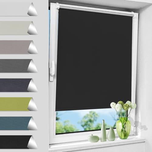 Allesin Verdunklungsrollo ohne Bohren, Fenster rollos für innen, 100% verdunkelungsrollo,Schwarz B45 x H130 cm, Thermorollo Hitzeschutz, Klemmrollo lichtundurchlässig für Fenster