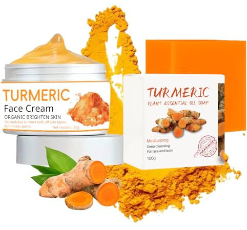 2Pcs Turmeric Face Cream and Turmeric Soap Bar Set for Face & Body, Turmeric Skin Care Set, Turmeric Soap and Turmeric Cream Skincare Set For Anti-Aging Glowing Skin, Soothing, Hydrating Skin