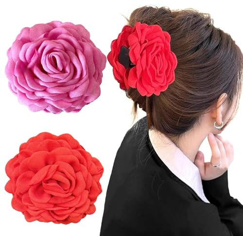 ASOMI 2 pinzas grandes para el pelo con rosa hawaiana florales para mujeres y niñas, pinzas para garras antideslizantes (rosa roja, roja)