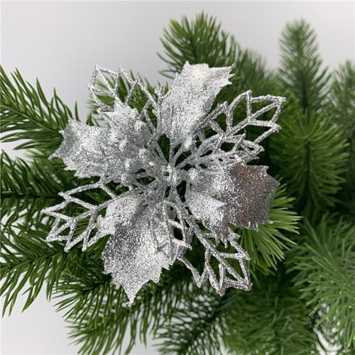 Anevous 6 Stück Glitzer Weihnachten Blumen, Weihnachtsstern Künstliche Blumen, Deko Blumen Weihnachten Weihnachtsblumen Deko für Weihnachtsbaum, Ornamente, Hochzeit, 9cm,Silber