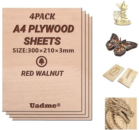 Uadme Compensato Incisione, Compensato di Noce Rossa A4, 4 Pezzi 3mm Fogli di Legno Sottili, per Bricolage Pirografia Traforo Laser, 297 mm x 215 mm x 3 mm