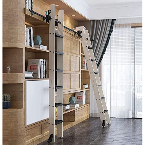 XFQZJG Retractable Rolling Library Ladder Hardware Kit Sliding Library Hardware Rolling Track (No Ladder) With Floor Roller Can Be Placed Vertically Does Black Steel Round Tube Mobile Tracks