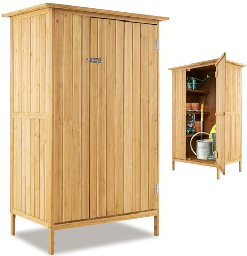 TANGZON 5×3 FT Wooden Garden Shed, Outdoor Storage Sheds with Sloped Asphalt Roof, Lockable Door, 5 Hanging Hooks & 3 Shelves, Vertical Utility Tool Storage Cabinet for Patio Deck Backyard