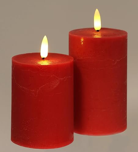 LED Kerzen-Set aus Echtwachs 2er Set mit Timer elektrische flackernd Warmweiß Lichter Dekoration Stumpenkerze große Adventskerzen Adventskranz Kranz Valentinstag geruchslos tropflos flammenlos, rot