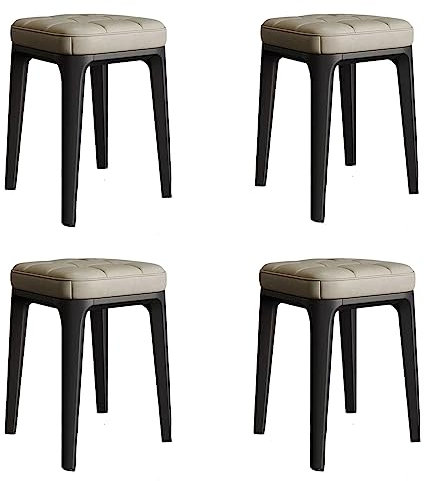Stapelhocker aus Leder mit gepolsterten Sitzen, quadratisch, stapelbar, vierbeinig, für Zuhause, Kunststoff, stapelbar und tragbar, Frühstück, Esszimmer, Sitzstuhl, Beige, 4 Stück