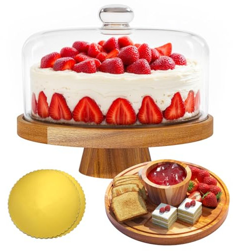 Krbnk Acacia Wood Cake Stand with Lid, 12 Glass Cake Stand with Dome, Cake Holder for Cakes, Cupcakes & Valentine Baking Supplies, 2-in-1 Dessert Table Display & Charcuterie Board for Wedding Party