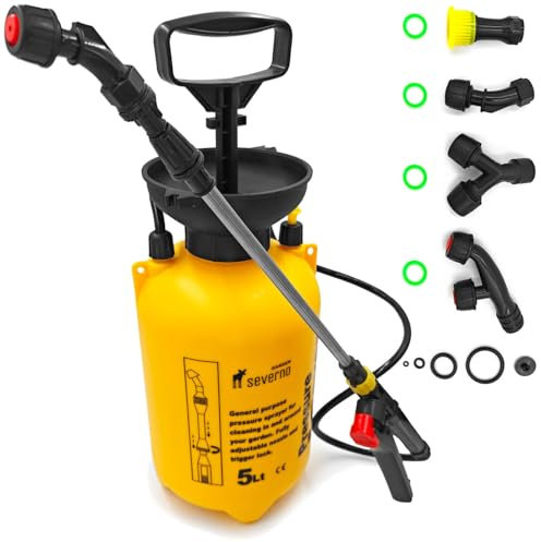 SEVERNO Drucksprüher 5L Vesuvio – Gartenspritze mit Metalllanze, 3,2 Bar Druck, verstellbarem Gurt & 4 Düsen, Unkrautspritze für Garten, Pflanzenschutz & Reinigung