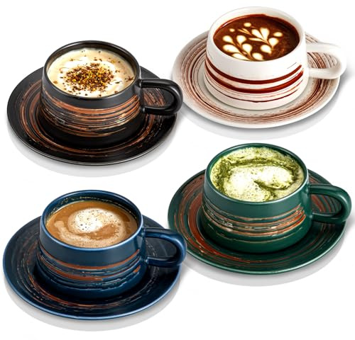 YUN TAO 240ml Ceramic Cappuccino Cups and Saucers Set of 4, Latte & Cappuccino Mugs Coffee Set for Latte Art, Home Kitchen & Daily Use