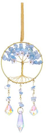 JOVIVI Aquamarine Crystal Tree of Life Flower Sun Catcher Hanging Ornaments Gifts for Women,Healing Crystal Gemstone Blue Gifts,Sun Catchers for Windows Garden Wall Home Car Decor
