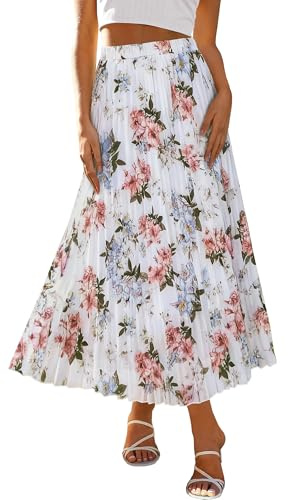 ANRABESS Womens Pleated Maxi Skirts Summer Floral Chiffon Dressy Casual Flowy Skirt with Full Lined Beach Vacation Clothes Floral White Small
