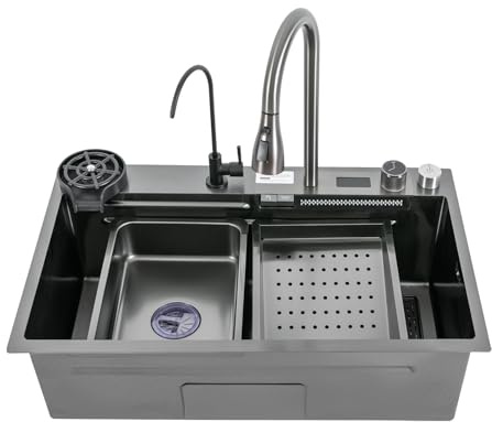 Edelstahl Waschbecken Ausgussbecken Schwarz Wasserfallspüle mit Digitalanzeige & 360° ausziehbarem Wasserhahn & Temperaturanzeige multifunktionale Arbeitsplatzspüle für moderne Küche (30 x18in)