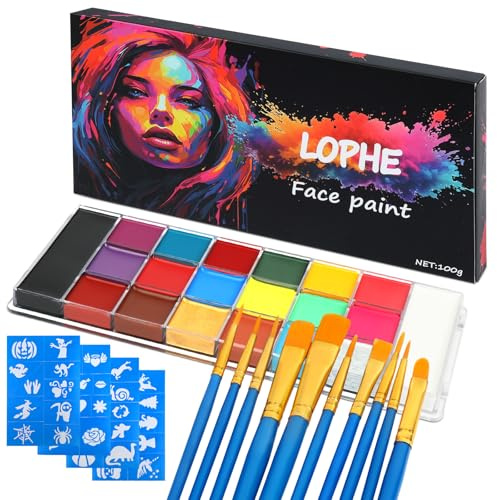 LOPHE Kinderschminke Set, 20 Farbe Face Paint mit 10 Pinseln, Körperfarben Set Gesichtsfarbe Kinderschminken für Theaterschminke Karneval, Halloween, Babybauch Bemalen