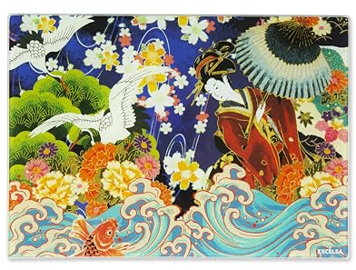 Excelsa Kimono Tagliere in Vetro Decorato, Stile Orientale, 25x35 cm, Multicolore, con Base Antiscivolo