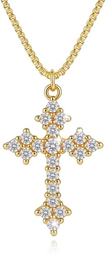 HANLI Halskette Damen Gold/Silber - Zarte Kreuz Kette mit Cubic Zirkonia Kreuzkette Religiösen Anhänger mit für Frauen Mädchen Wasserfeste Hautverträglich Schmuck