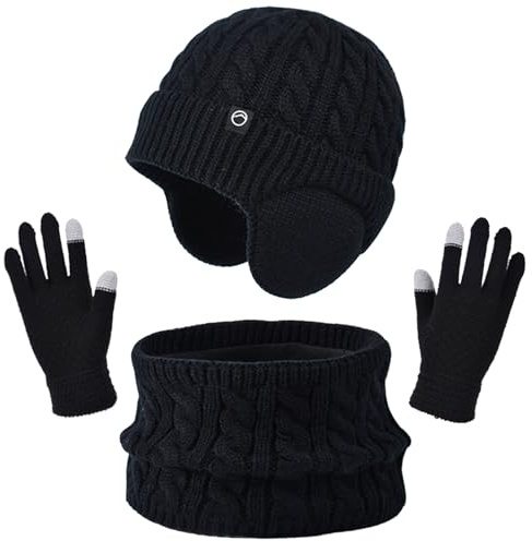 Set di Cappello, Sciarpa e Guanti Invernali per Bambini, Caldo Berretto, Scaldacollo Snood, Guanti Touchscreen, Set Accessori Invernali con Fodera in Peluche Morbido per Bambini 4-11 Anni, Nero
