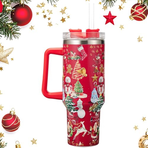 SYTTNUM Motif de Noël Mug Gourde,Tasse Sous Vide en Acier Inoxydable,Gobelet Étanche de Noël,Grande Capacité Tasse à Boisson Résistante à la Chaleur Pour Maison/Bureau/Cadeau-1200ml