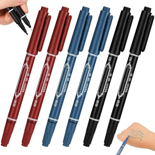 Gcroet 6 Stück Tattoo-Marker für die Haut 5, 4 Doppelköpfiger Henna-Stift mit dicker und feiner Spitze Tragbare Hautmarker für Tätowierungen, Rot + Schwarz + Blau.