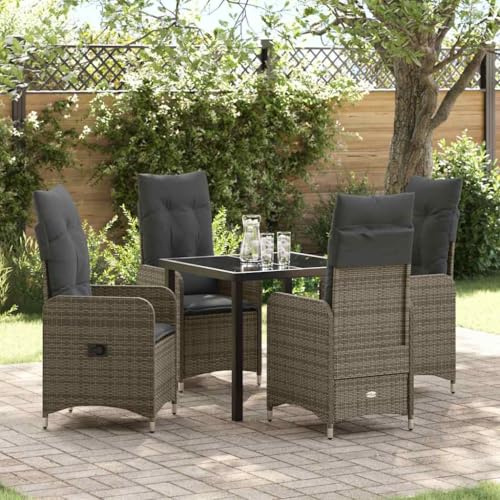 QJBSAVVA 5-TLG. Gartenlounge Grau 80x80 cm Glastisch und Neigbare Poly-Rattan Sessel für Balkon, Terrasse und Garten