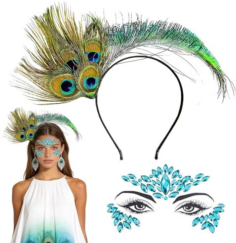 CUVZORA Feder Stirnband Karneval Pfau Haarband für Damen mit Glitzersteinen Gesicht Haarreif Karneval Glitzersteine Selbstklebend Maskerade Karneval Party Zubehör Halloween Kostüm Haarreifen