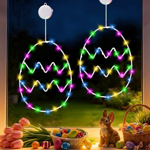 2 Stück Osterdeko Led Fenster Licht, Ostern Deko LED Lichterkette Ostereier Fensterlichter mit Saugnapf und Timer Batteriebetrie, Osterdeko Für Draußen & Innen, Zuhause Party (F)
