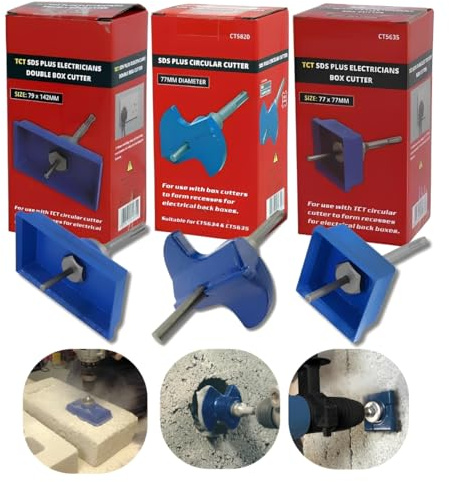 3-Piece TCT SDS Plus Electricians Box Cutter Set – Professional Masonry Wall Chaser with Square & Circular Cutter for Fast Double and Single Back Box Installation