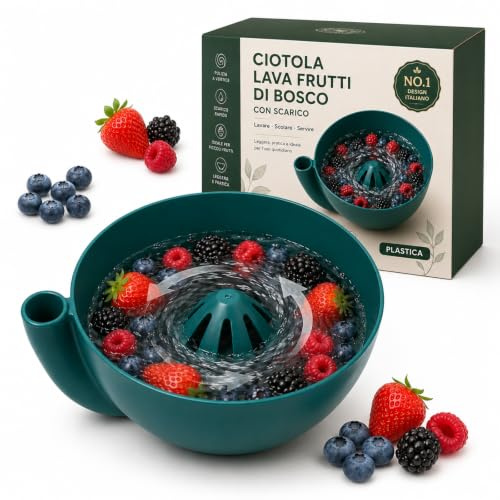 Ciotola Lavaggio Bacche con Scarico, Lava Frutta Vortice in Plastica o Ceramica, per Mirtilli, Fruttini e Frutti di Bosco (Versione in plastica)