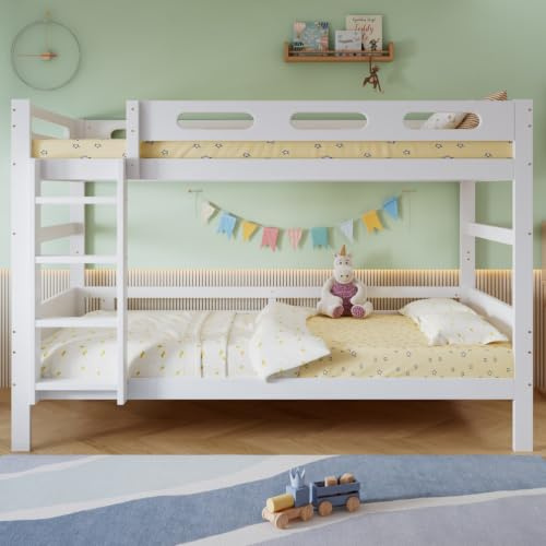 PUGSDRLY Lit Superposé 90x200cm Modulable,Lit 2 Personnes(K) | Hautes Barrières sur les 4 Côtés,Escalier Droit à 4 Marches,Sommier à Lattes Robuste,pour Garçons Filles