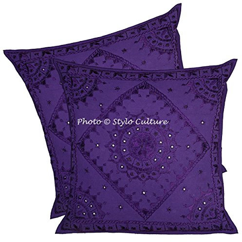 Stylo Culture Ethnico Fundas Cojines Decorativa 60x60 cm Algodón Espejado Funda Almohadon Silla Morado 24x24 Inch Bordado Cuadrado sobre Fundas para Almohadas De Cama - 2 Pcs