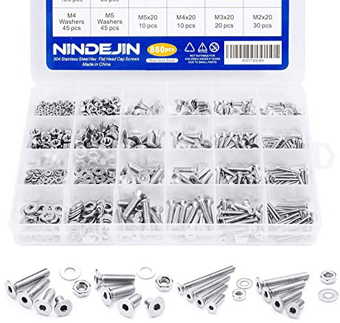 880Pcs M2 M3 M4 M5 Hex Jeu de vis plates et rondelles de rangement avec clé à cliquet (Vis à tête plate)