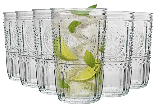 Bormioli Rocco romántica Highball Vasos, Decorado - Vintage Vasos de cóctel Italiana Cortar Vidrio - 475ml - Pack de 6