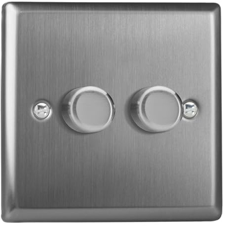 Varilight Double V-Pro Rotary 2-Way LED Dimmer 2 x 0-120W - Classic Brushed Steel With Brushed Steel Knob, JTP252